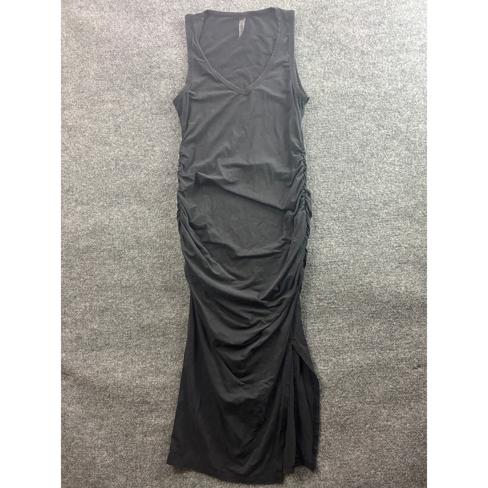 Beyond Yoga Midi Dress Womens Small Black Ruched V-Neck Sleeveless Slit